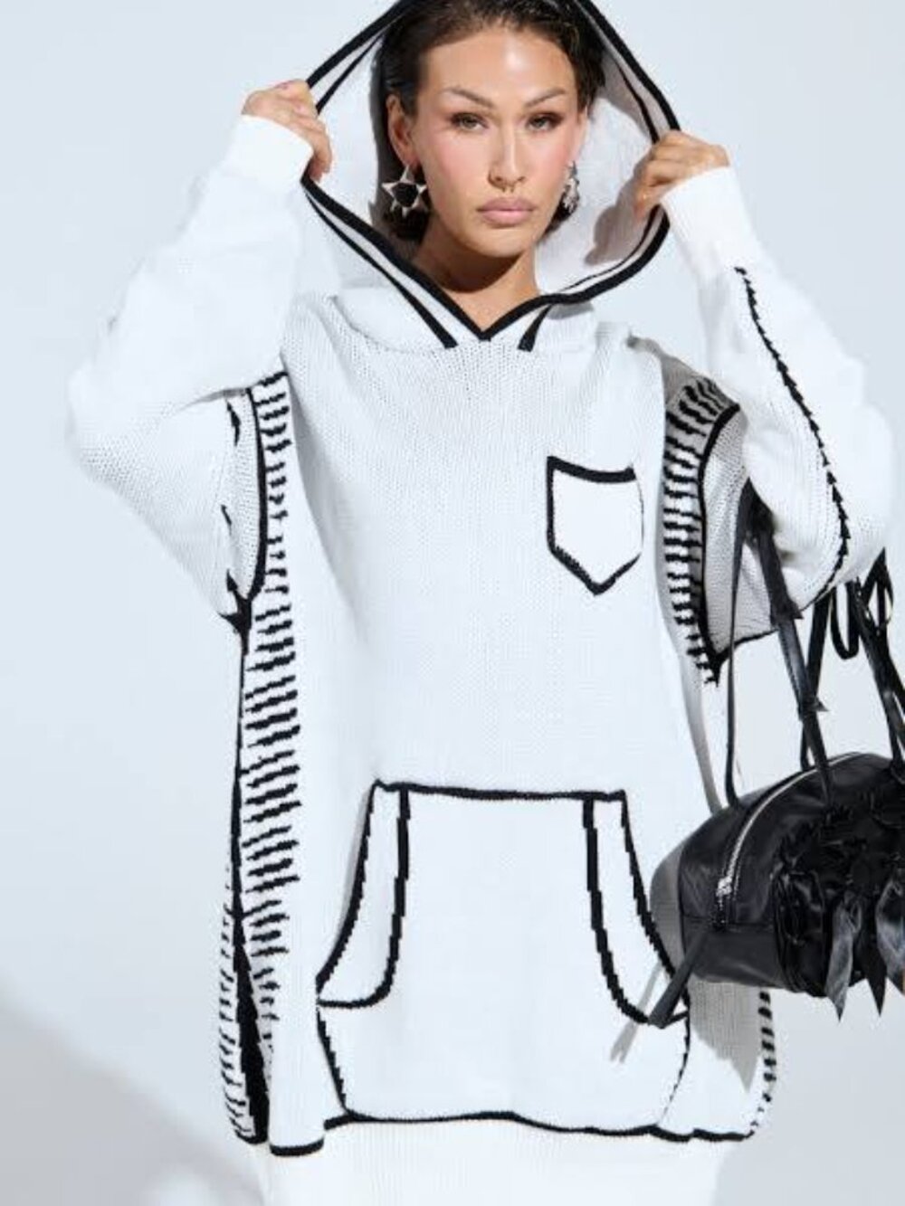AKIRA Label Sketch It Graphic Knit Hoodie Dress 2D Pop Art Cartoon Top NWT L/XL